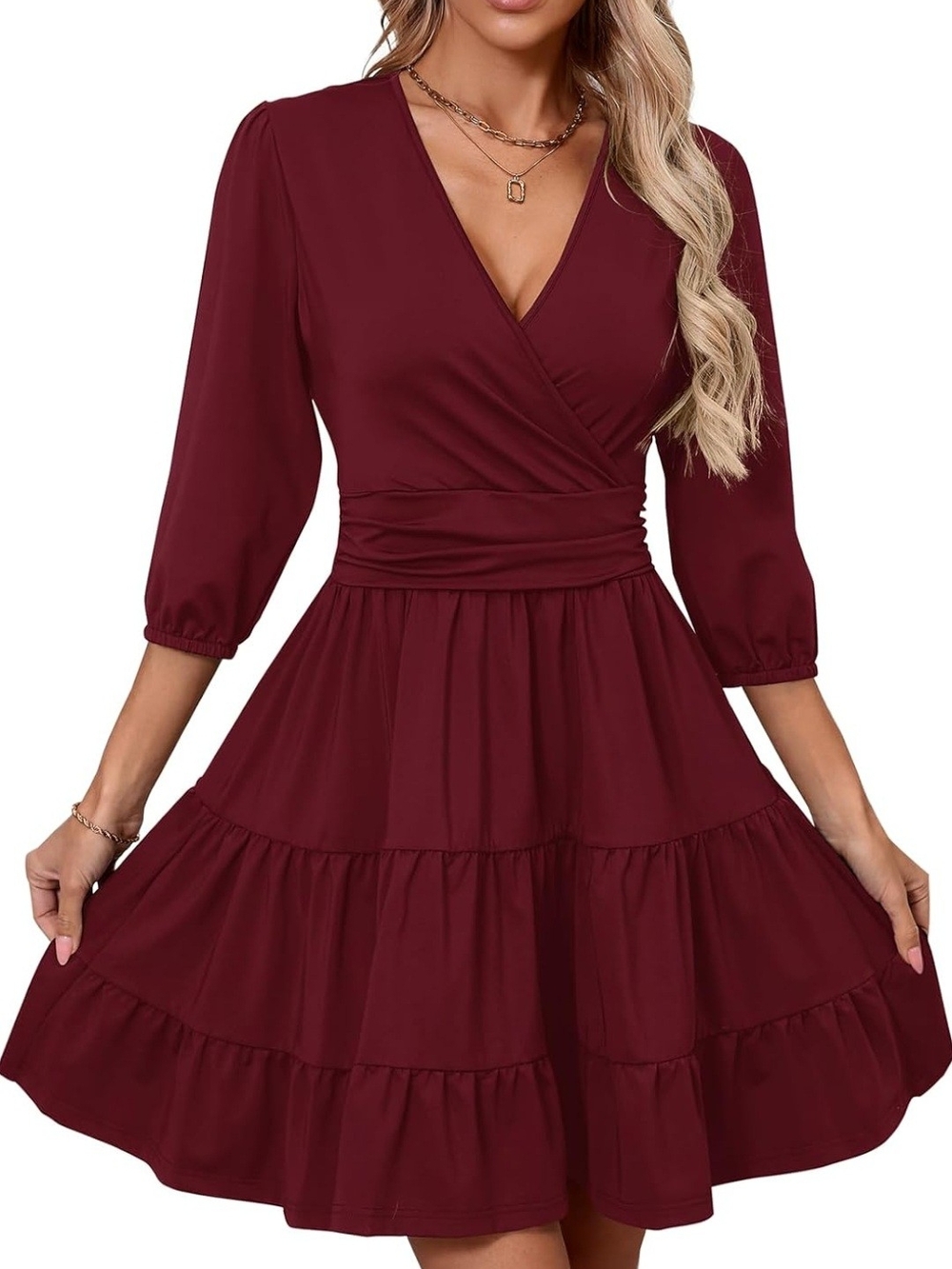 Women's Burgundy V-Neck Tiered Wrap Midi Dress